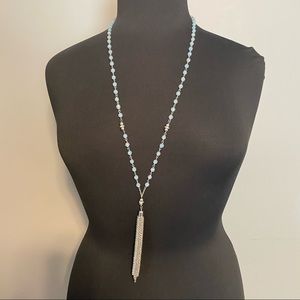 Clear blue stone long necklace with fringe